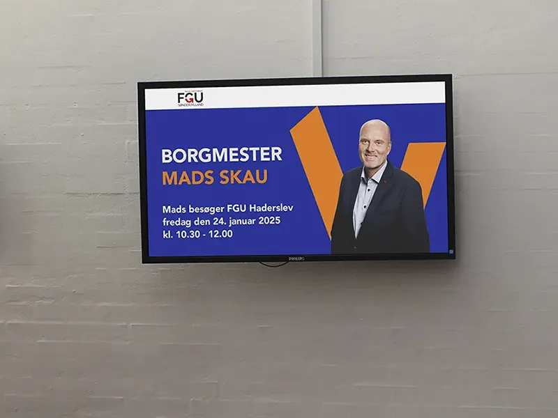 Digital infoskærm designet til borgmesterbesøg på FGU Haderslev – af Nikolai Christiansen
