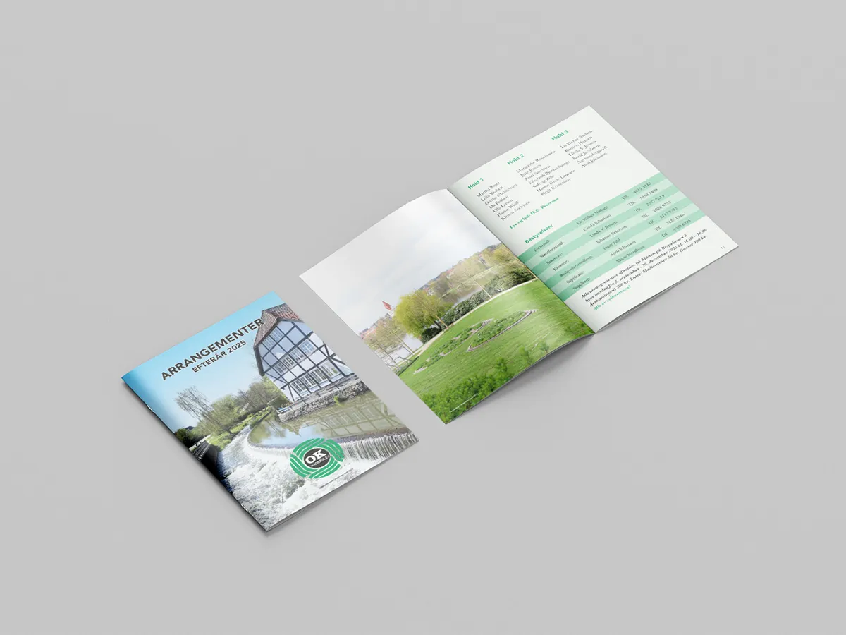 Mediegrafiker tryksagsdesign - A5 hæfte med branding og layout til OK Klubben